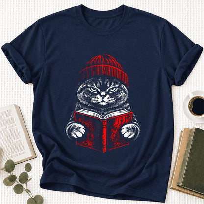 Serious British Shorthair Cat Reading Ultra-Soft Cotton T-Shirt | Reader Gift Navy