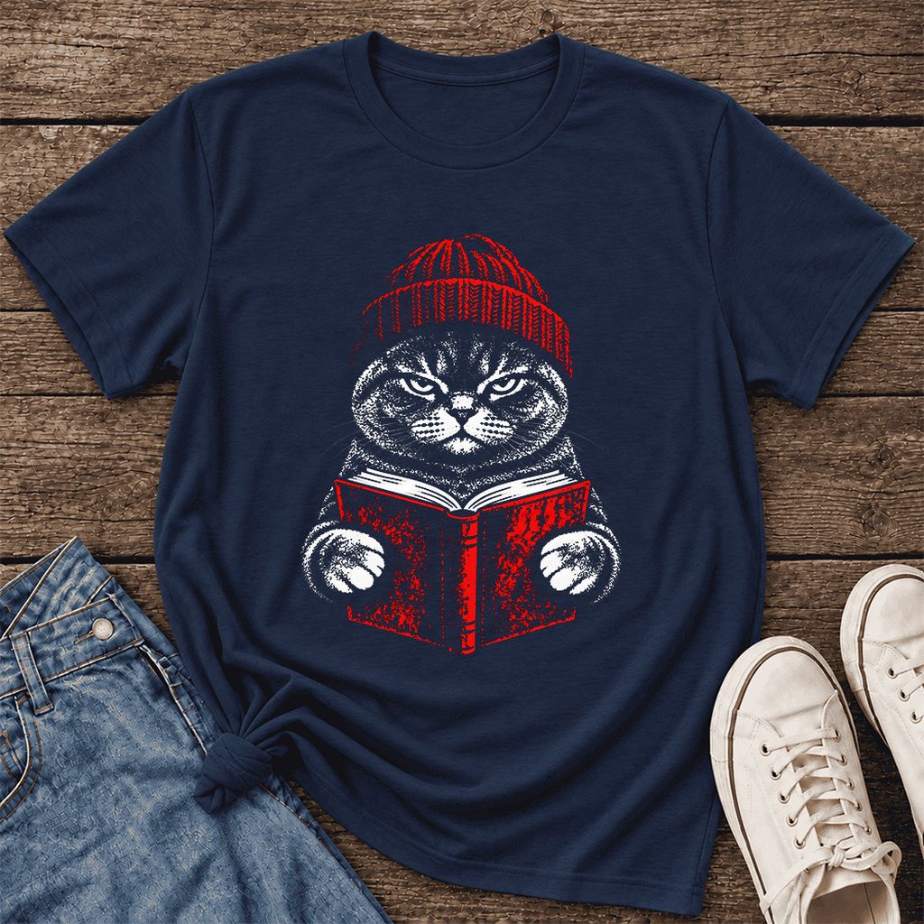 Serious British Shorthair Cat Reading Ultra-Soft Cotton T-Shirt | Reader Gift Navy