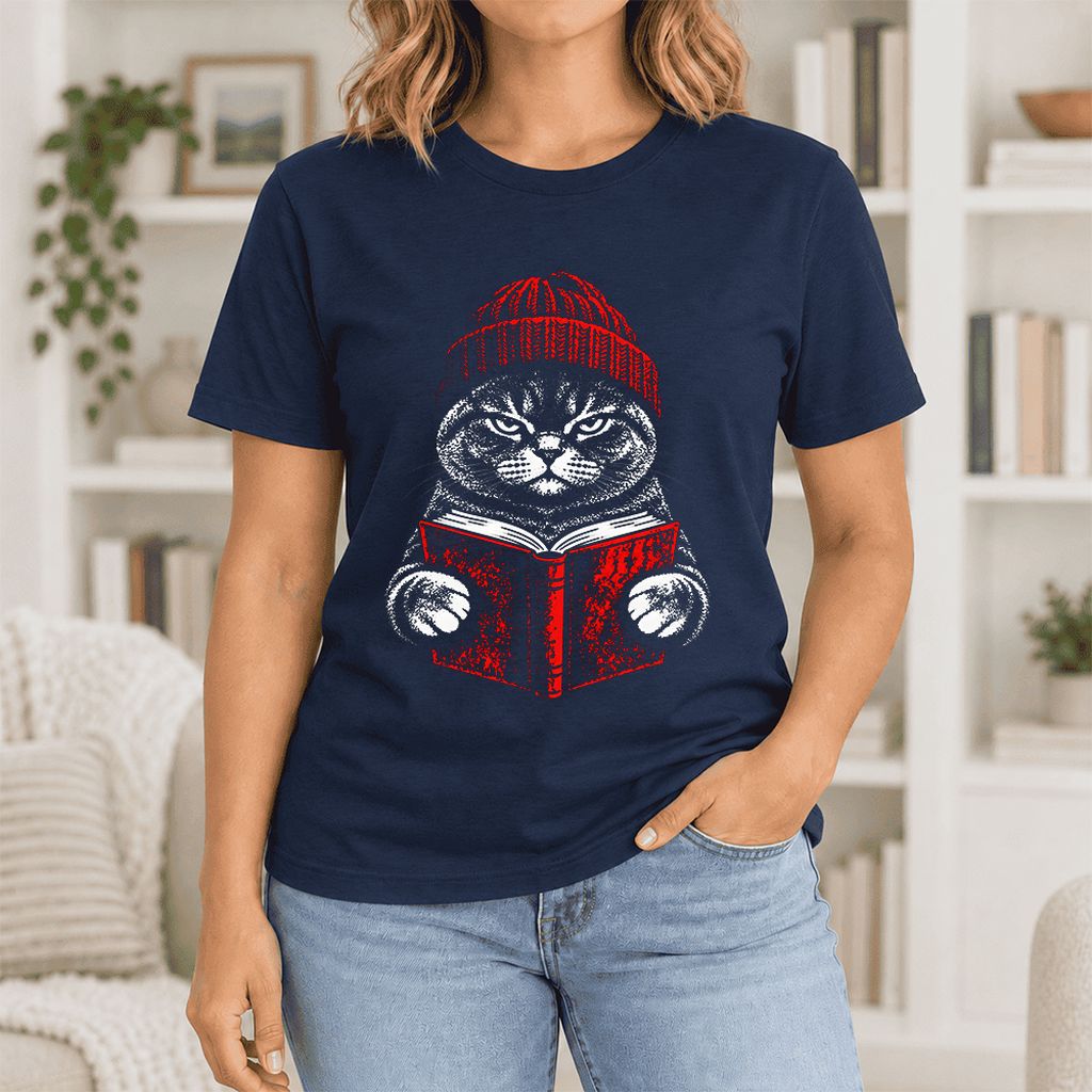 Serious British Shorthair Cat Reading Ultra-Soft Cotton T-Shirt | Reader Gift Navy