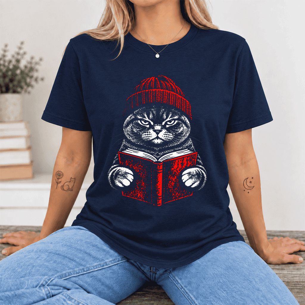 Serious British Shorthair Cat Reading Ultra-Soft Cotton T-Shirt | Reader Gift Navy