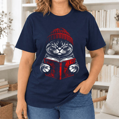 Serious British Shorthair Cat Reading Ultra-Soft Cotton T-Shirt | Reader Gift Navy
