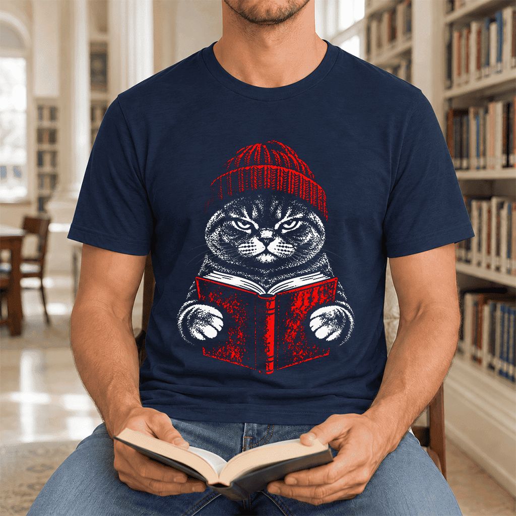 Serious British Shorthair Cat Reading Ultra-Soft Cotton T-Shirt | Reader Gift Navy