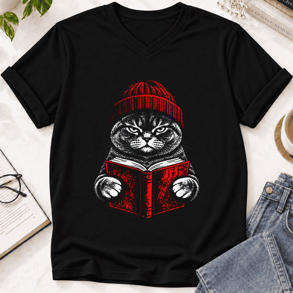 British Shorthair Cat Reading Ultra-Soft V-Neck | Cat Lover Reader Gift Black