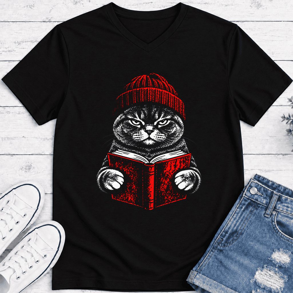 British Shorthair Cat Reading Ultra-Soft V-Neck | Cat Lover Reader Gift Black