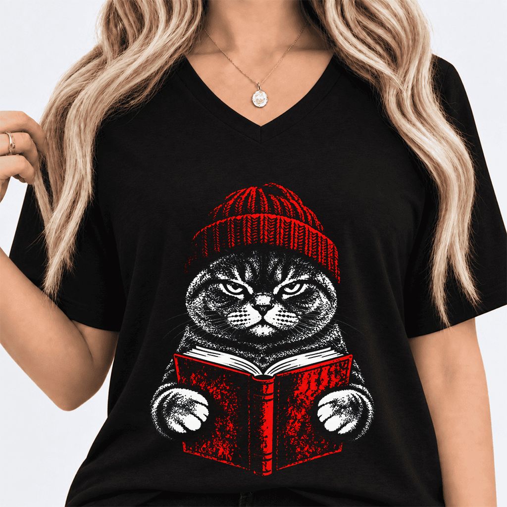 British Shorthair Cat Reading Ultra-Soft V-Neck | Cat Lover Reader Gift Black