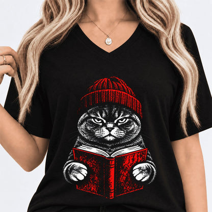 British Shorthair Cat Reading Ultra-Soft V-Neck | Cat Lover Reader Gift Black