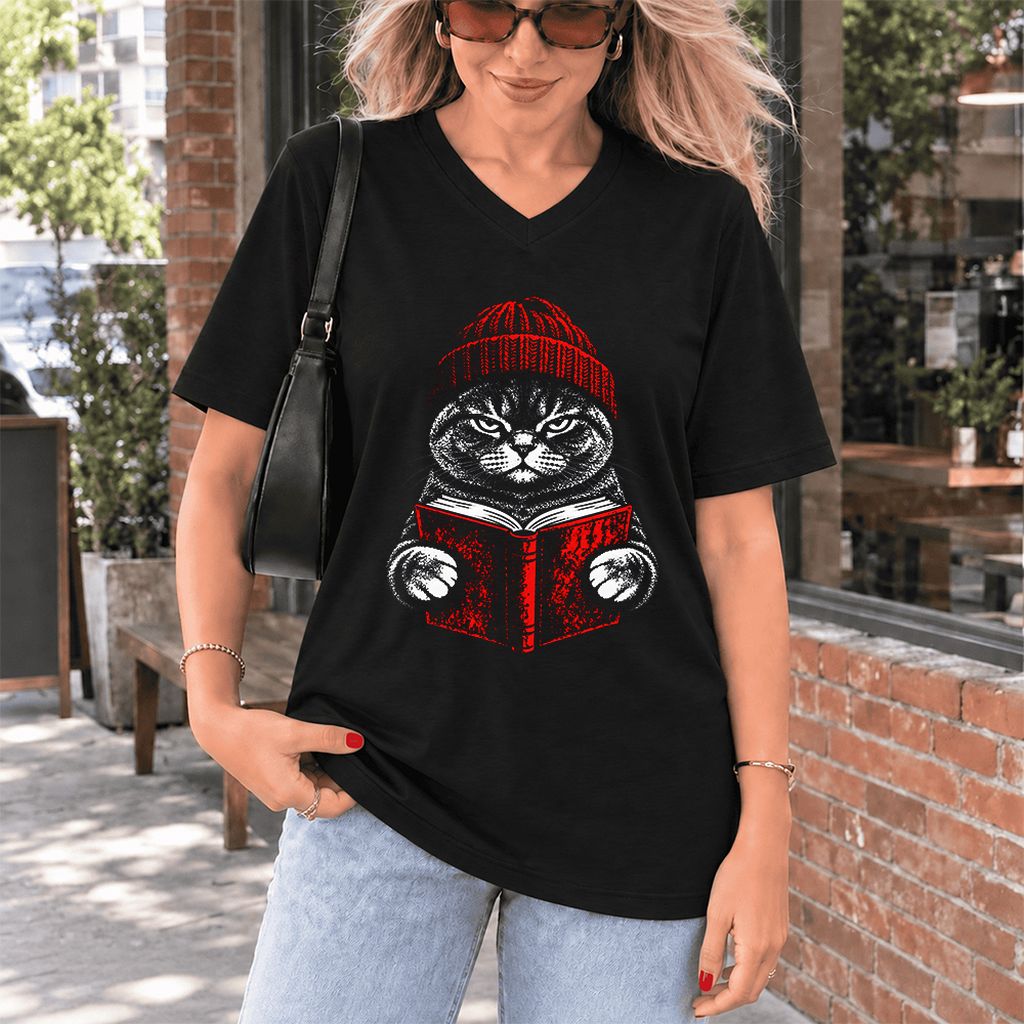British Shorthair Cat Reading Ultra-Soft V-Neck | Cat Lover Reader Gift Black