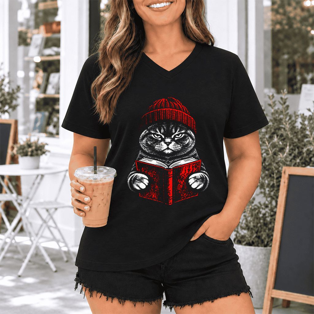 British Shorthair Cat Reading Ultra-Soft V-Neck | Cat Lover Reader Gift Black