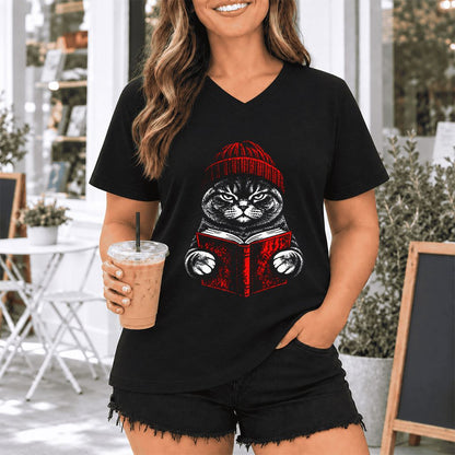 British Shorthair Cat Reading Ultra-Soft V-Neck | Cat Lover Reader Gift Black