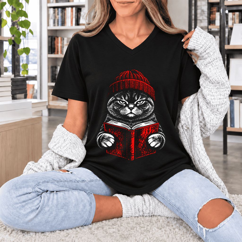 British Shorthair Cat Reading Ultra-Soft V-Neck | Cat Lover Reader Gift Black