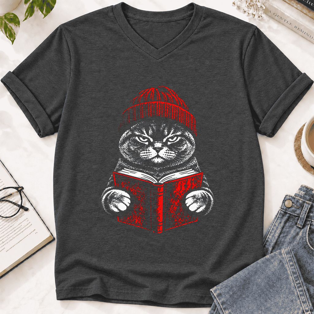 British Shorthair Cat Reading Ultra-Soft V-Neck | Cat Lover Reader Gift Dark Grey Heather