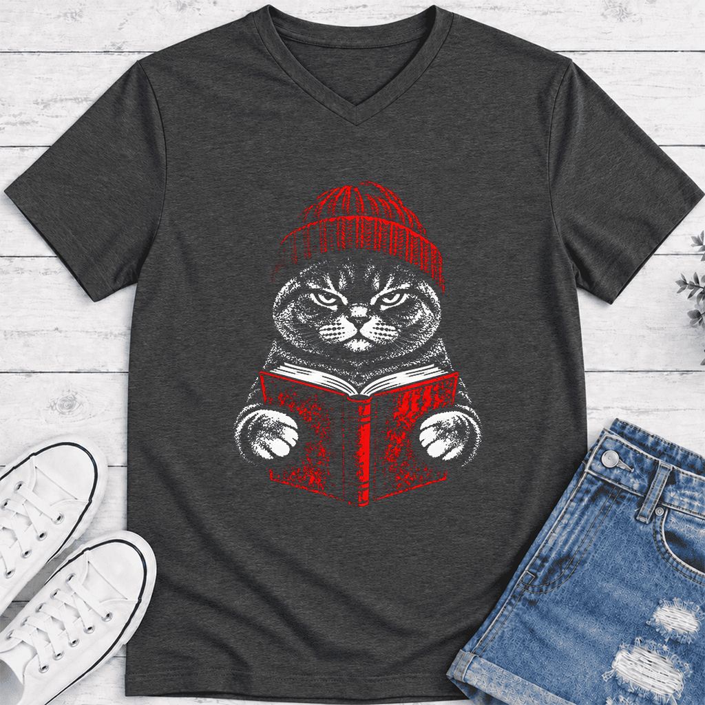 British Shorthair Cat Reading Ultra-Soft V-Neck | Cat Lover Reader Gift Dark Grey Heather