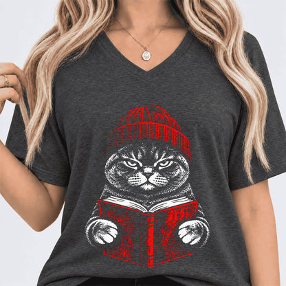 British Shorthair Cat Reading Ultra-Soft V-Neck | Cat Lover Reader Gift Dark Grey Heather