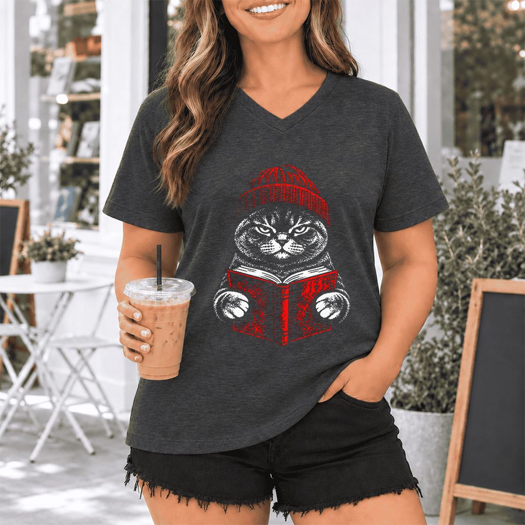 British Shorthair Cat Reading Ultra-Soft V-Neck | Cat Lover Reader Gift Dark Grey Heather