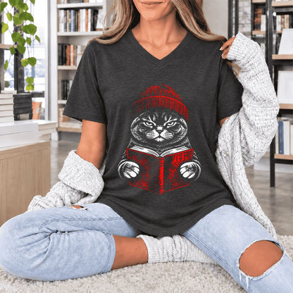 British Shorthair Cat Reading Ultra-Soft V-Neck | Cat Lover Reader Gift Dark Grey Heather