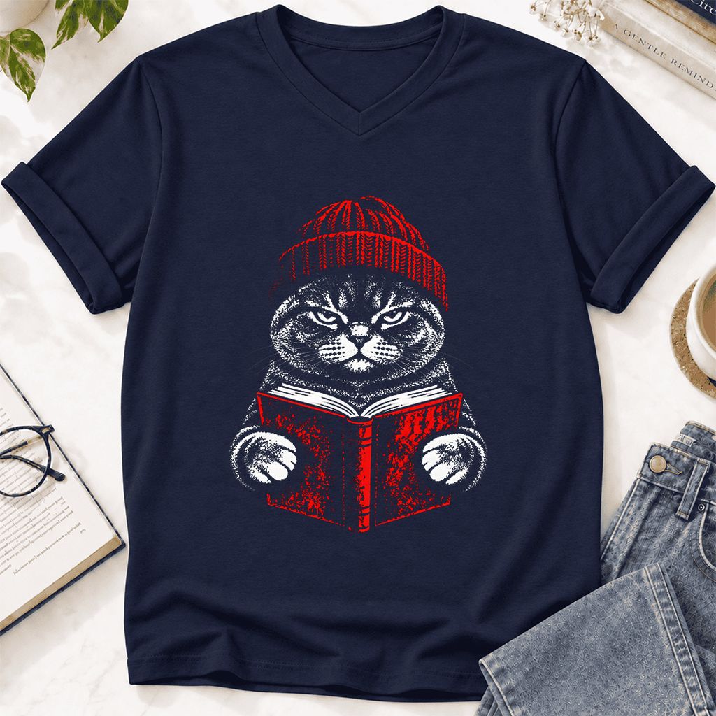 British Shorthair Cat Reading Ultra-Soft V-Neck | Cat Lover Reader Gift Navy