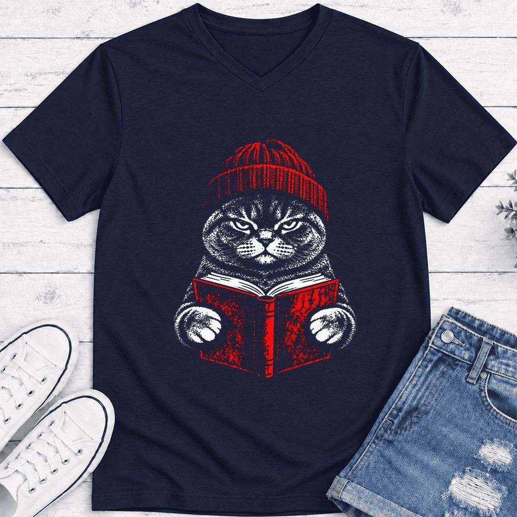 British Shorthair Cat Reading Ultra-Soft V-Neck | Cat Lover Reader Gift Navy