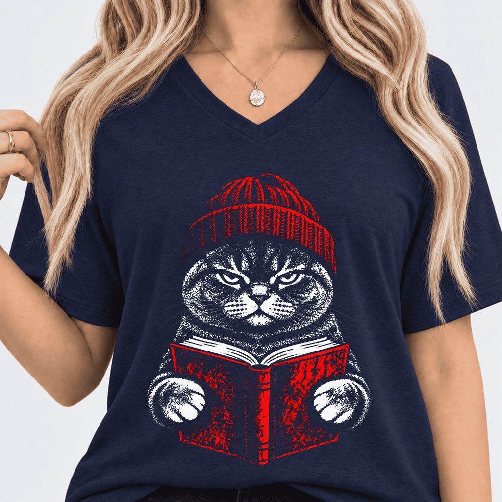 British Shorthair Cat Reading Ultra-Soft V-Neck | Cat Lover Reader Gift Navy