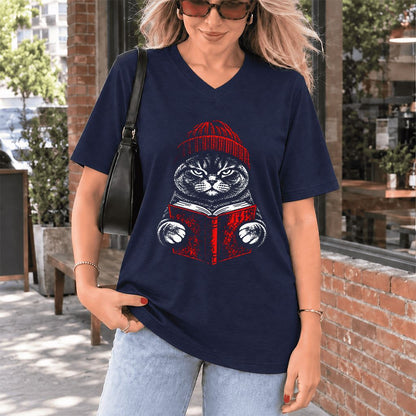 British Shorthair Cat Reading Ultra-Soft V-Neck | Cat Lover Reader Gift Navy