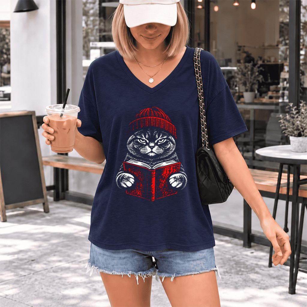 British Shorthair Cat Reading Ultra-Soft V-Neck | Cat Lover Reader Gift Navy
