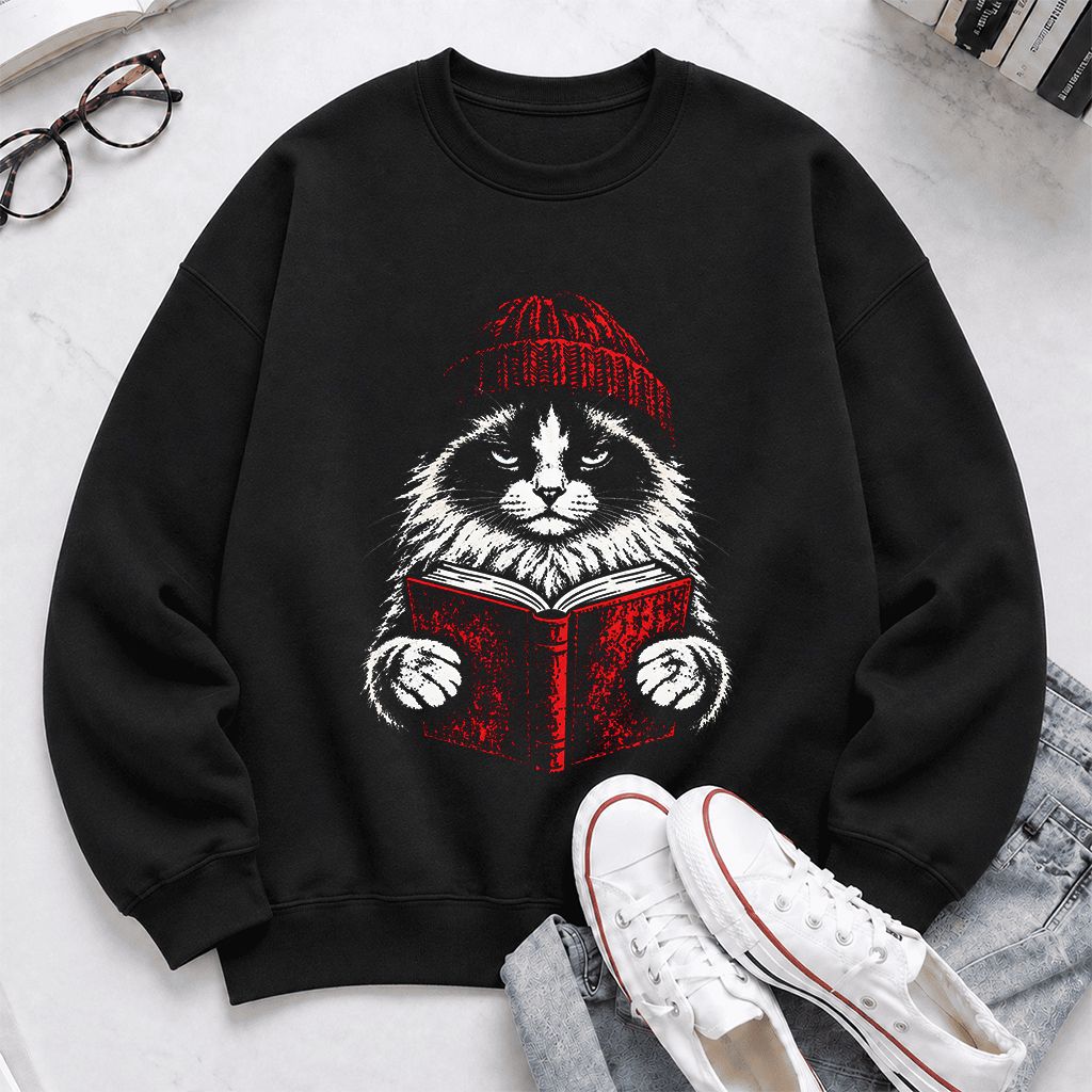 Ragdoll Cat Reading Printed Sweatshirt | Cat Lover Reader Gift Black