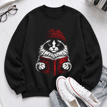 Ragdoll Cat Reading Printed Sweatshirt | Cat Lover Reader Gift Black
