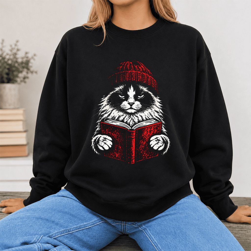 Ragdoll Cat Reading Printed Sweatshirt | Cat Lover Reader Gift Black