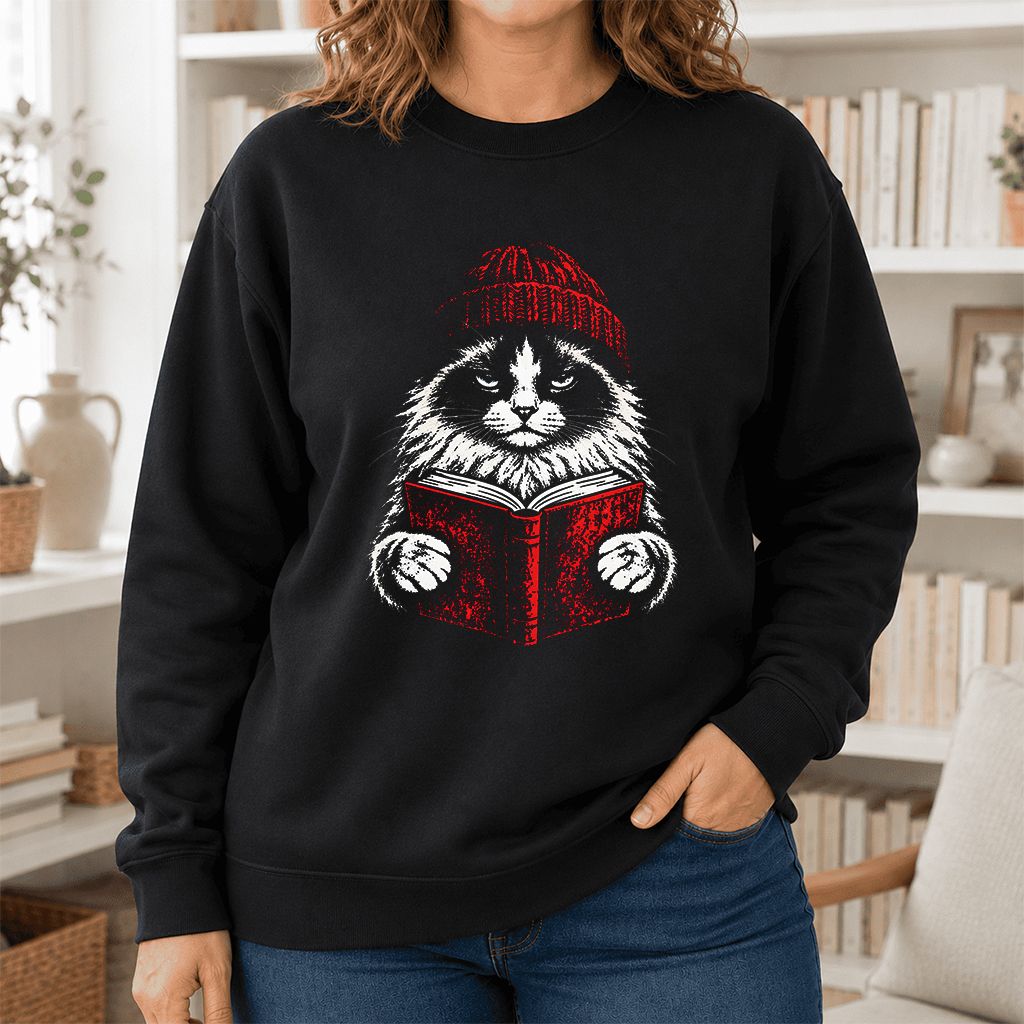 Ragdoll Cat Reading Printed Sweatshirt | Cat Lover Reader Gift Black