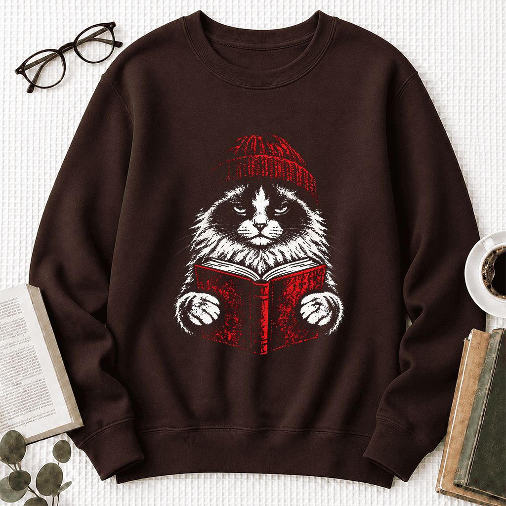 Ragdoll Cat Reading Printed Sweatshirt | Cat Lover Reader Gift Dark Chocolate