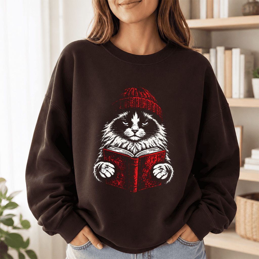 Ragdoll Cat Reading Printed Sweatshirt | Cat Lover Reader Gift Dark Chocolate