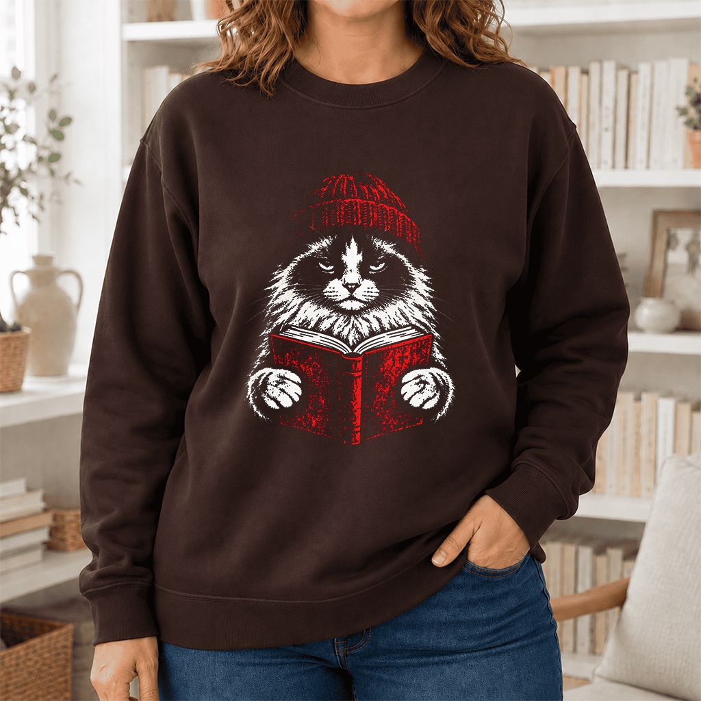 Ragdoll Cat Reading Printed Sweatshirt | Cat Lover Reader Gift Dark Chocolate