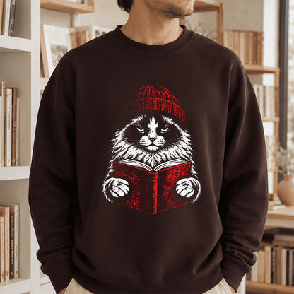 Ragdoll Cat Reading Printed Sweatshirt | Cat Lover Reader Gift Dark Chocolate