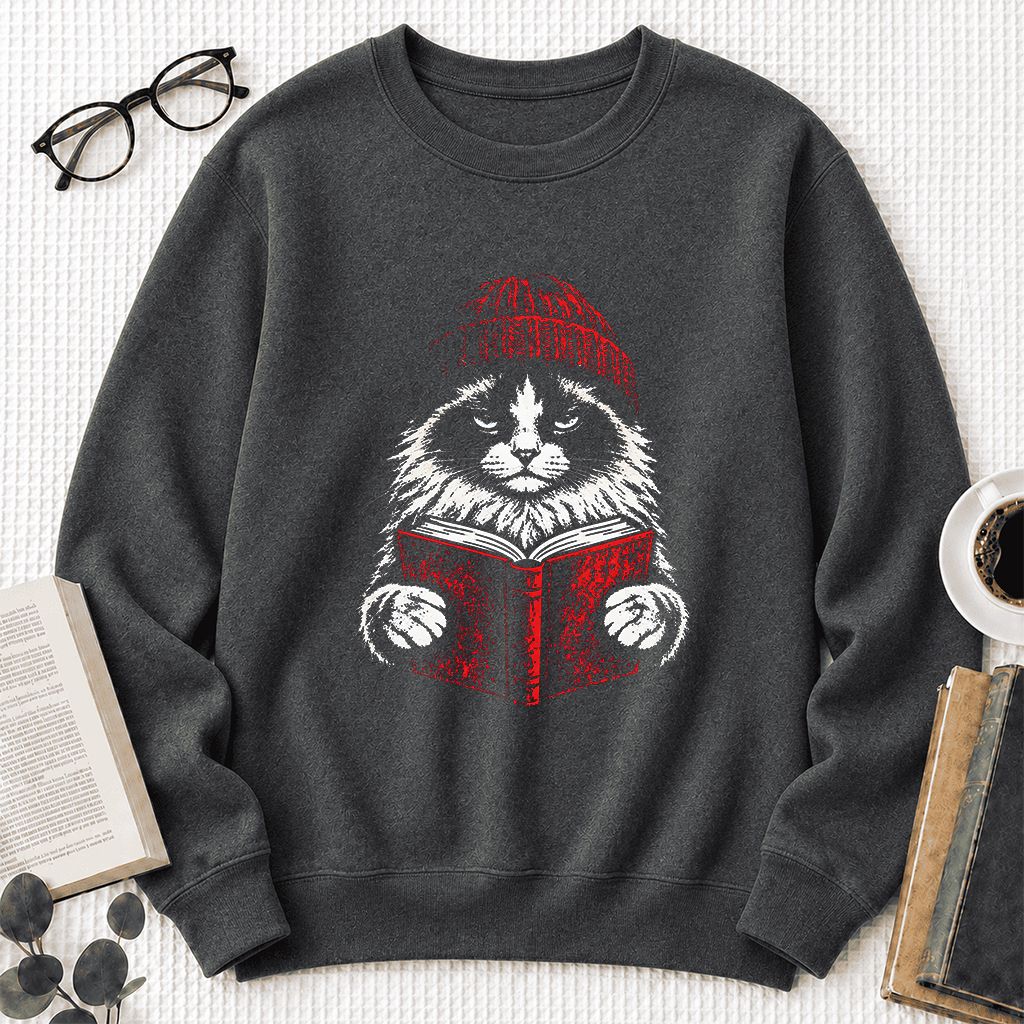 Ragdoll Cat Reading Printed Sweatshirt | Cat Lover Reader Gift Dark Heather
