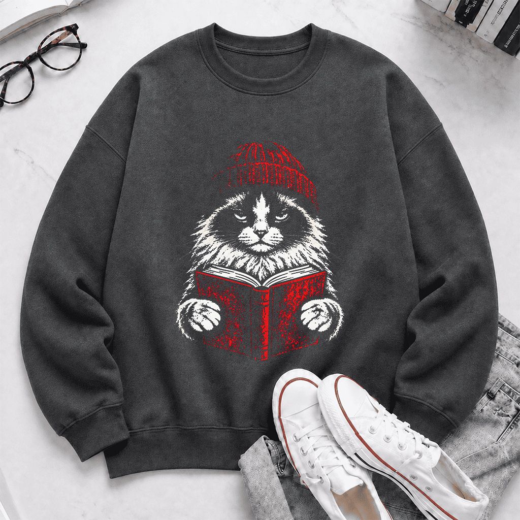 Ragdoll Cat Reading Printed Sweatshirt | Cat Lover Reader Gift Dark Heather