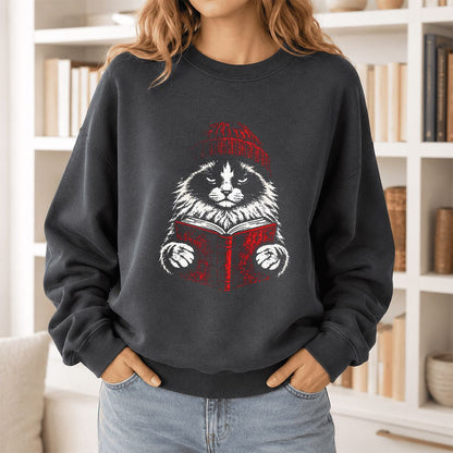 Ragdoll Cat Reading Printed Sweatshirt | Cat Lover Reader Gift Dark Heather