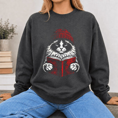 Ragdoll Cat Reading Printed Sweatshirt | Cat Lover Reader Gift Dark Heather