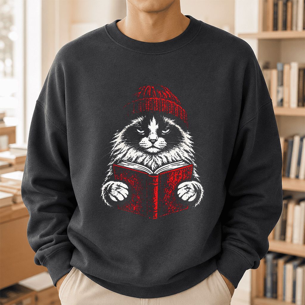 Ragdoll Cat Reading Printed Sweatshirt | Cat Lover Reader Gift Dark Heather
