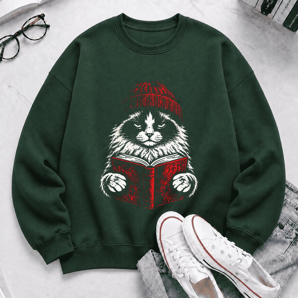 Ragdoll Cat Reading Printed Sweatshirt | Cat Lover Reader Gift Forest Green