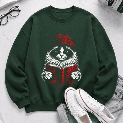 Ragdoll Cat Reading Printed Sweatshirt | Cat Lover Reader Gift Forest Green