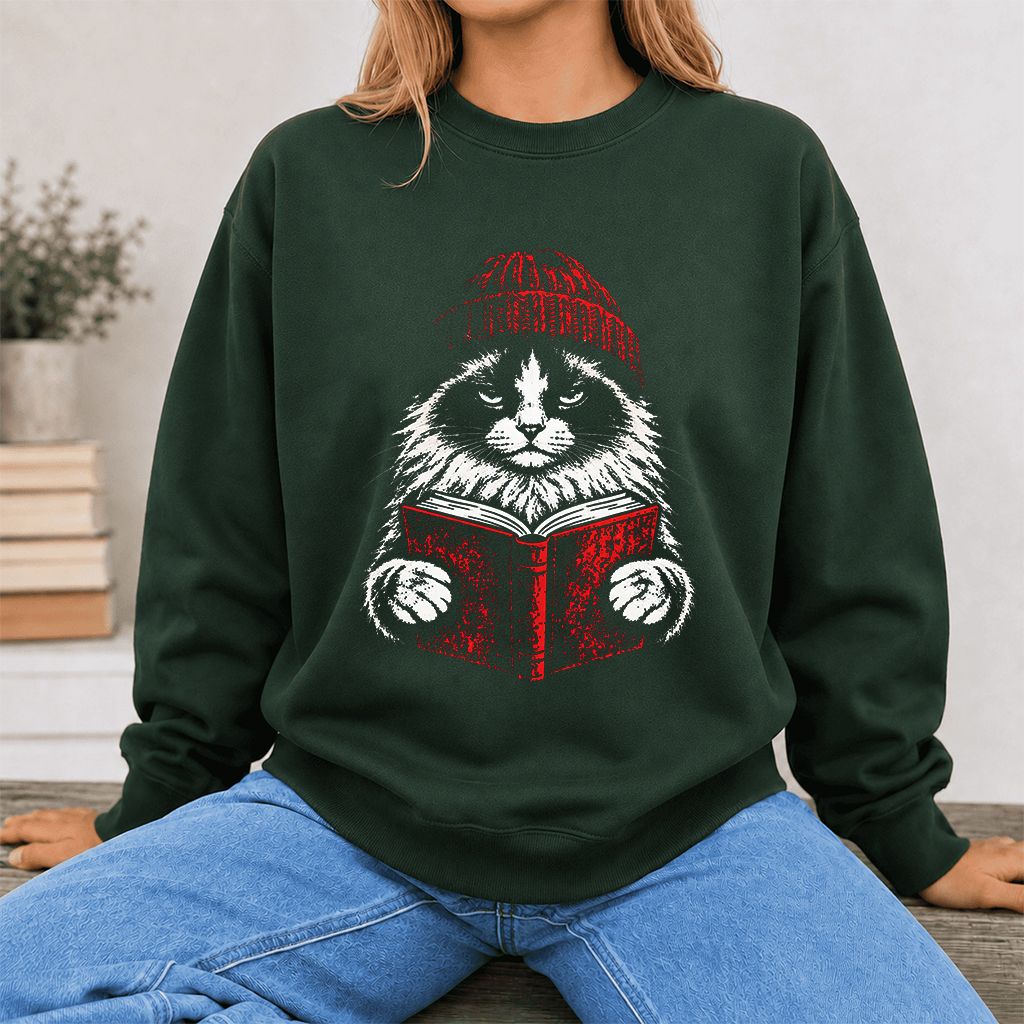 Ragdoll Cat Reading Printed Sweatshirt | Cat Lover Reader Gift Forest Green