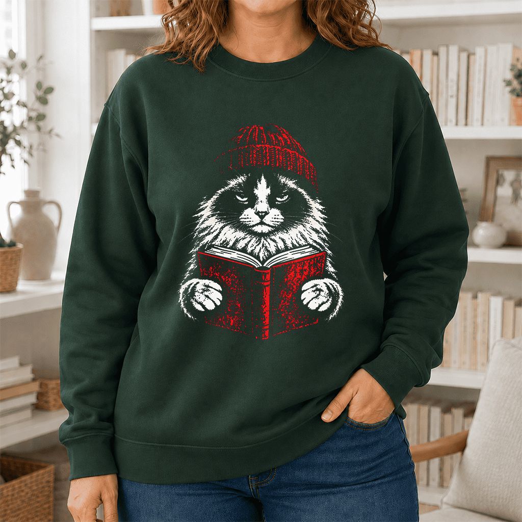 Ragdoll Cat Reading Printed Sweatshirt | Cat Lover Reader Gift Forest Green