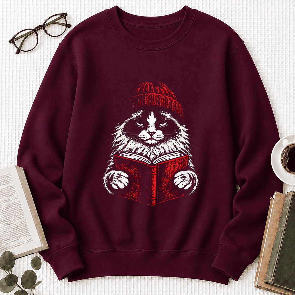Ragdoll Cat Reading Printed Sweatshirt | Cat Lover Reader Gift Maroon