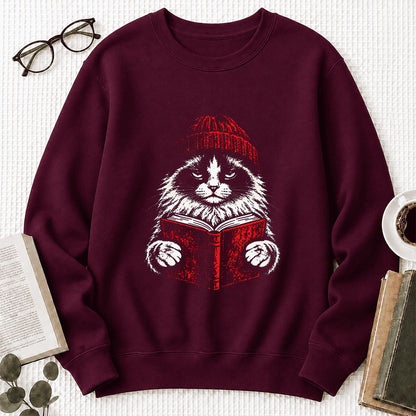 Ragdoll Cat Reading Printed Sweatshirt | Cat Lover Reader Gift Maroon