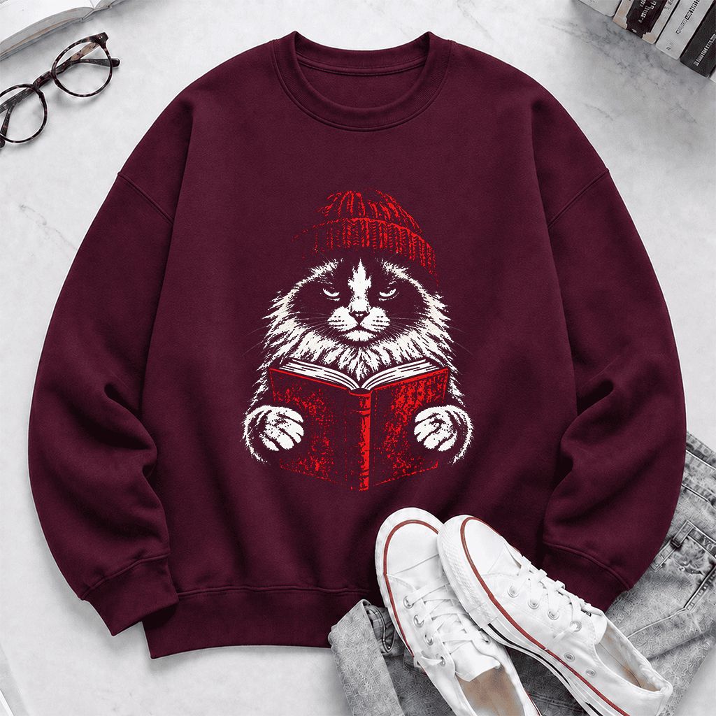 Ragdoll Cat Reading Printed Sweatshirt | Cat Lover Reader Gift Maroon