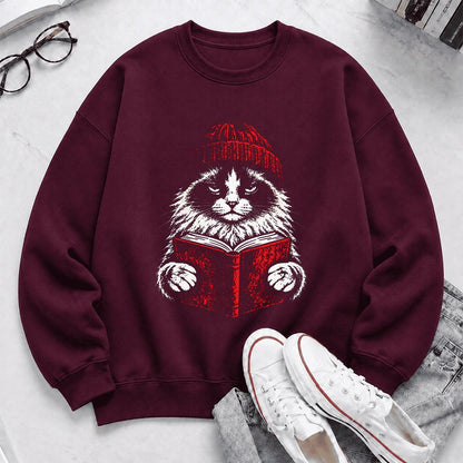 Ragdoll Cat Reading Printed Sweatshirt | Cat Lover Reader Gift Maroon