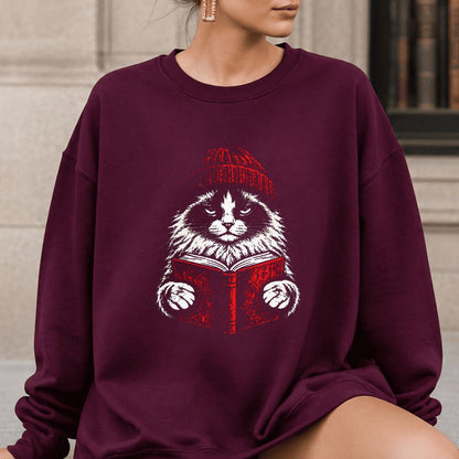 Ragdoll Cat Reading Printed Sweatshirt | Cat Lover Reader Gift Maroon