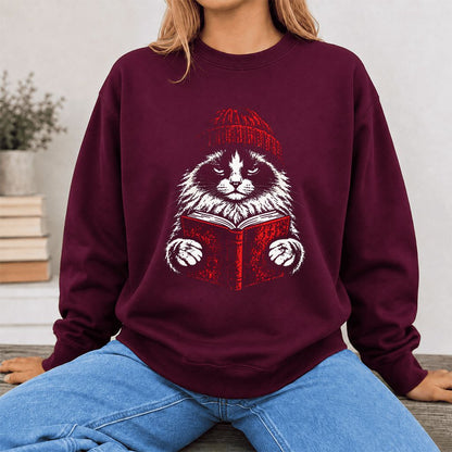 Ragdoll Cat Reading Printed Sweatshirt | Cat Lover Reader Gift Maroon