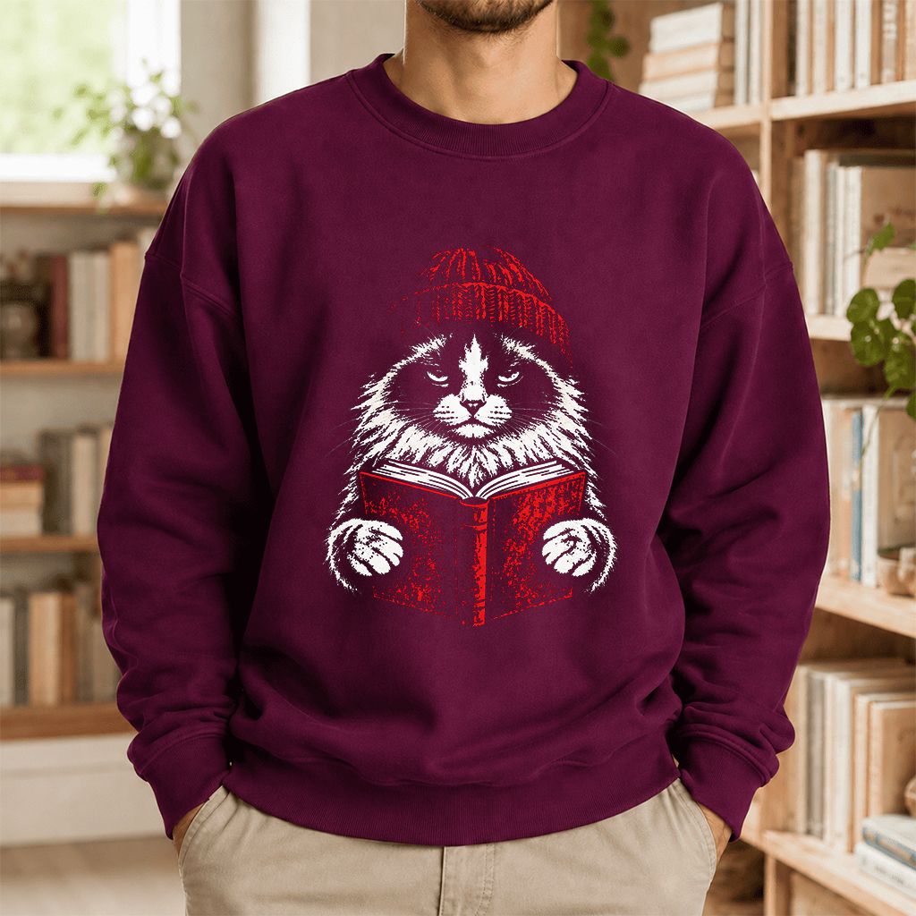 Ragdoll Cat Reading Printed Sweatshirt | Cat Lover Reader Gift Maroon
