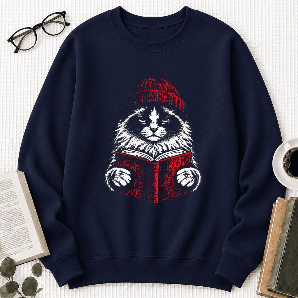 Ragdoll Cat Reading Printed Sweatshirt | Cat Lover Reader Gift Navy