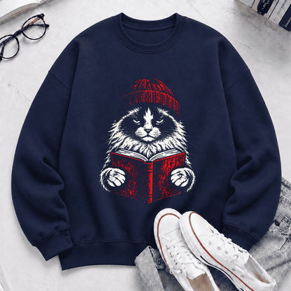 Ragdoll Cat Reading Printed Sweatshirt | Cat Lover Reader Gift Navy
